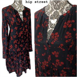 LOFT V Neck Peasant Style LS Folk Floral Ruffle Hem Loose Fit Dress MT  Tall